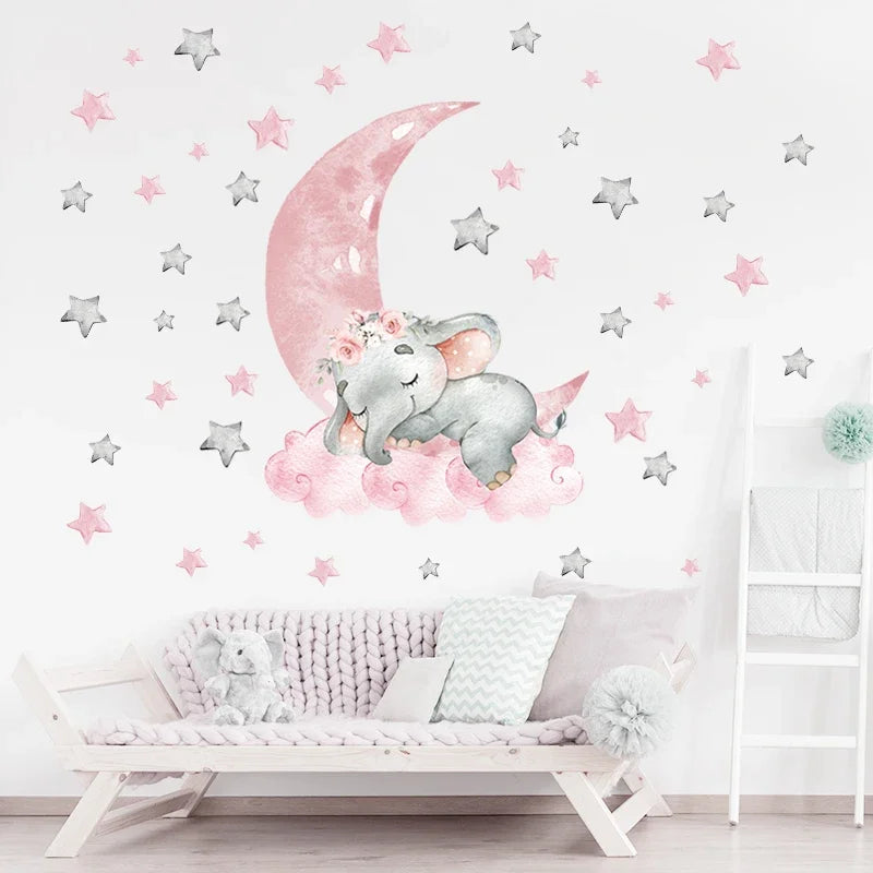 Roze Olifant Muursticker - Cartoon Design voor Baby- en Kinderkamer - Slaapkamer & Woonkamer Decoratie